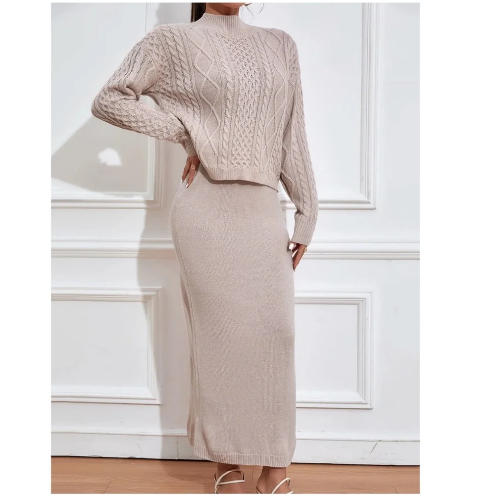 2 Piece Knit Skirt Set Blush Color Long Skirt & Cable Knit Set - Picture 7 of 11